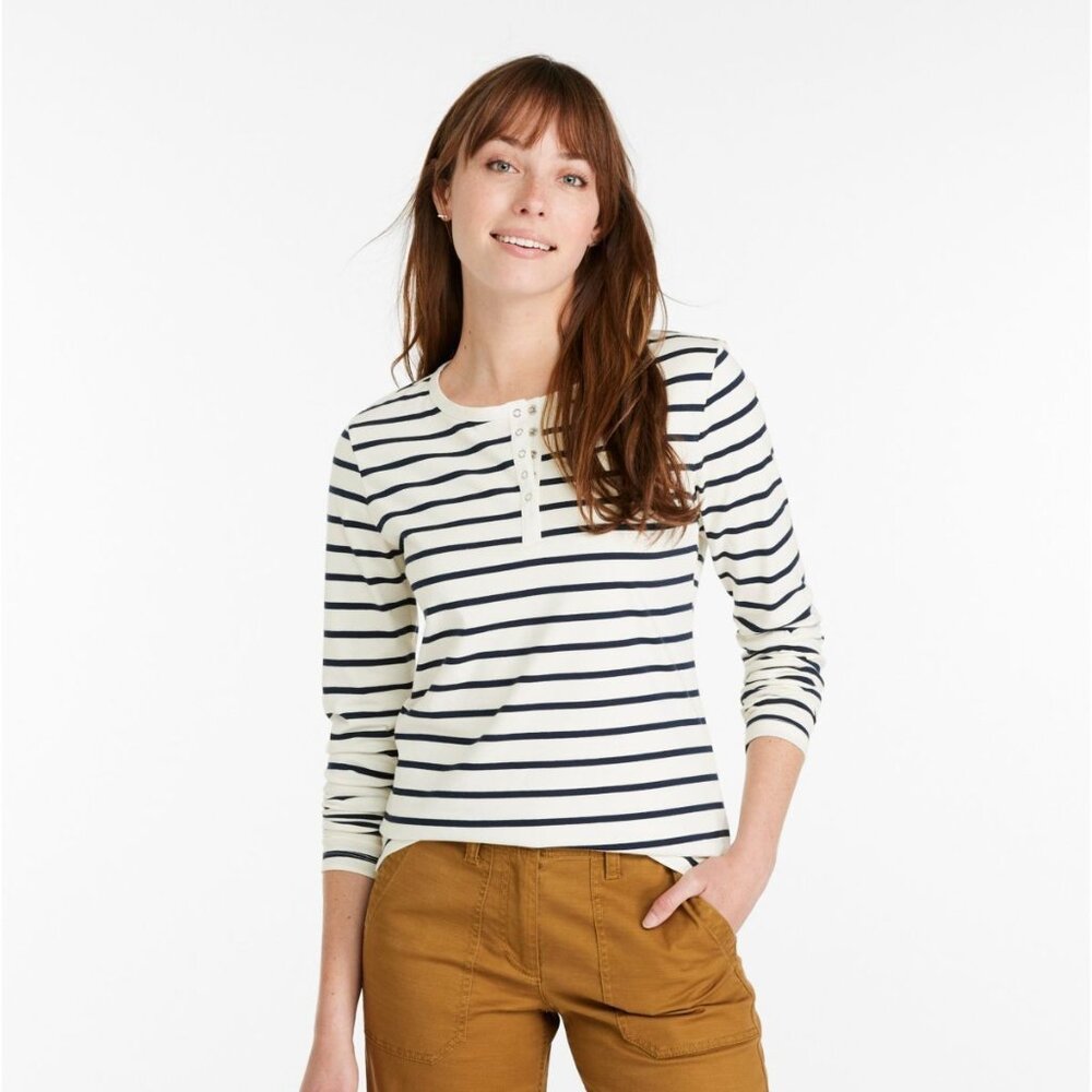 L.L. Bean Ivory Navy Blue Stripe Rangeley Long Sleeve Snap Henley Top XL NWT